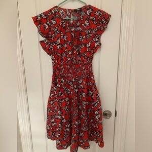 Kate Spade Butterfly Print Red Smocked Dress with Side Pockets